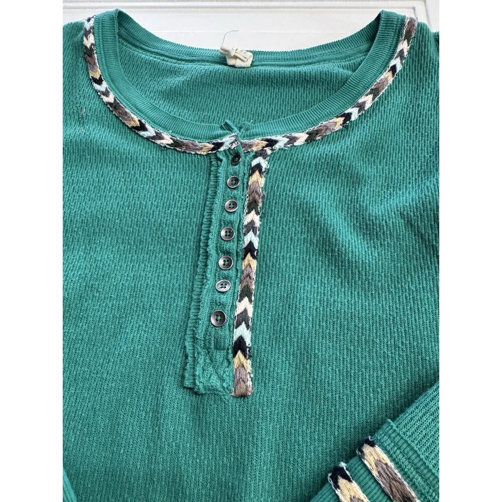 We the Free People XS Green Thermal Top Embroidered Long Sleeve Henley Shirt - Picture 2 of 7
